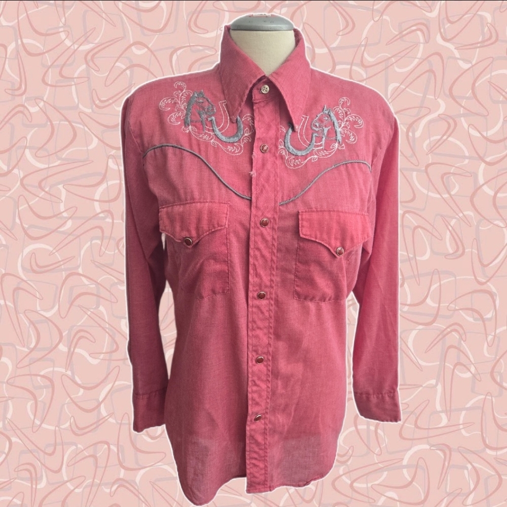 🐴 70s True Vtg Western Button Up Shirt Embroidered Yoke - M Unisex
